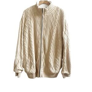 John Blair Fisherman Style Zip Up Sweater Size Large Mock 100% Cotton Tan Preppy
